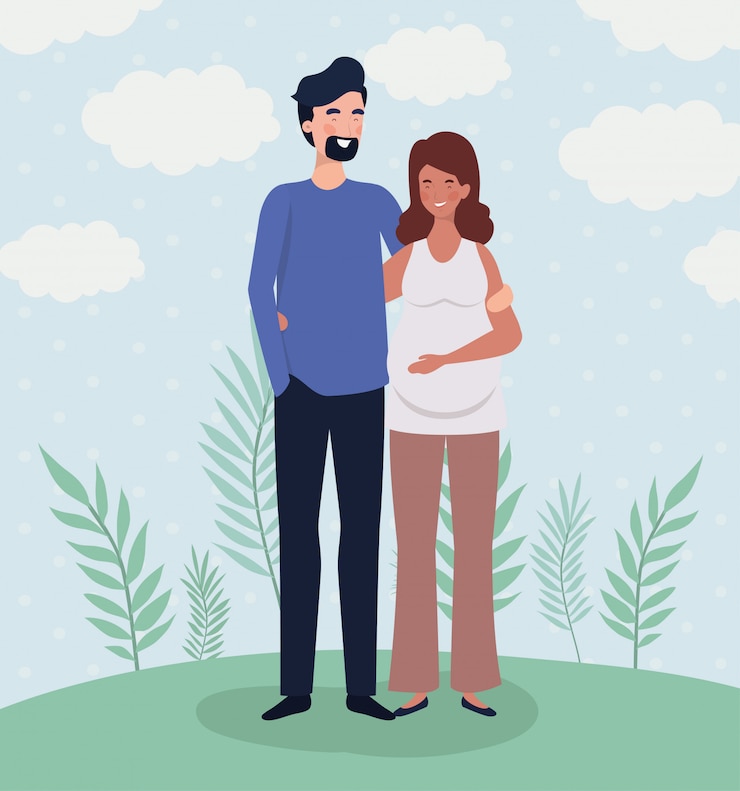 Vecteur gratuit personnages de grossesse couple amoureux mignons dans le paysage