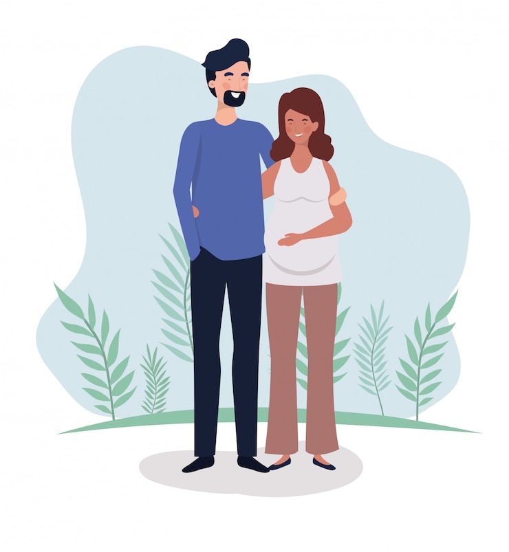 Vecteur gratuit personnages de grossesse couple amoureux mignons dans le paysage