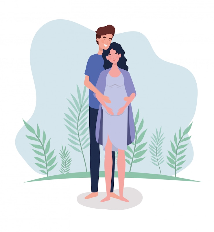 Vecteur gratuit personnages de grossesse couple amoureux mignons dans le paysage