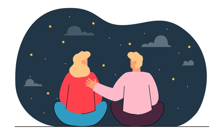 Vecteur gratuit personnages masculins et féminins regardant les étoiles la nuit. couple au cours d'un rendez-vous romantique observant l'illustration vectorielle plane du ciel nocturne. relation, concept d'amour pour la bannière, conception de site web, page web de destination