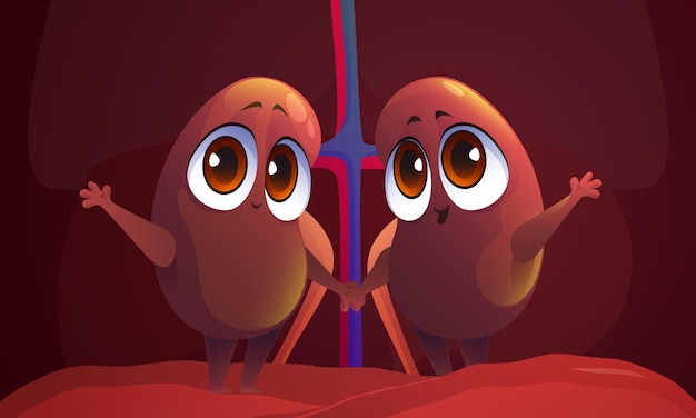 Personnages mignons de reins organes internes humains pour la dialyse et la fonction de filtre Illustration médicale de dessin animé de vecteur de néphrologie du système rénal partie de l'anatomie du corps