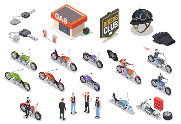 Vecteur gratuit personnages de motards leurs accessoires et différents modèles de motos ensemble d'icônes isométriques isolé sur fond blanc illustration vectorielle 3d