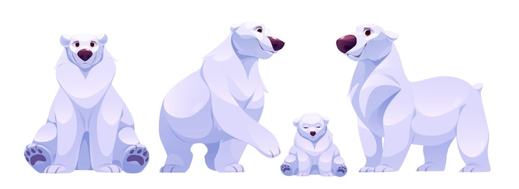 Vecteur gratuit les personnages d'ours polaire de dessins animés dans différentes poses