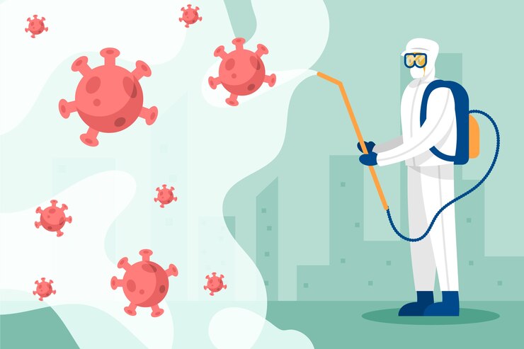 Vecteur gratuit personne en costume de matières dangereuses nettoyant la ville