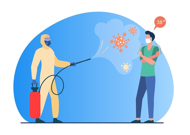 Personne dans l'espace de désinfection de tissu protecteur avec un désinfectant. Infection, illustration vectorielle plane de personne malade. Coronavirus, prévention de la propagation