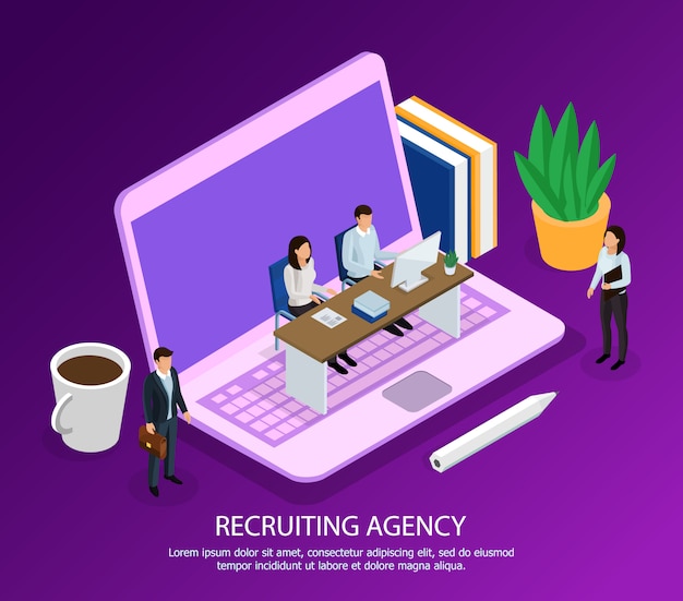 Personnel de l'agence de recrutement avec ordinateur et candidats à l'emploi composition isométrique sur violet