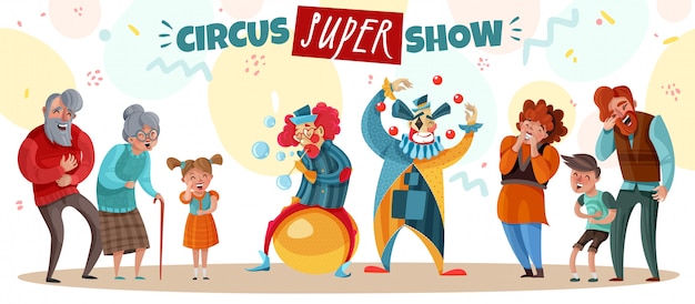 Vecteur gratuit personnes âgées adultes et enfants riant de dessin animé de spectacle de clown de cirque