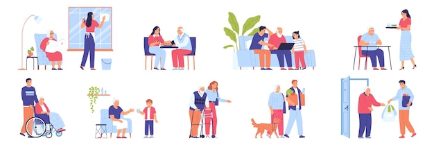 Vecteur gratuit les personnes âgées aident les icônes plates avec des bénévoles aidant les personnes âgées isolées illustration vectorielle