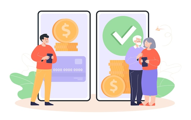 Personnes debout près d'un énorme téléphone avec application bancaire à l'écran. Jeune homme ou fils transférant de l'argent à des parents âgés à l'aide d'un smartphone et d'une illustration vectorielle à plat sur Internet. Aide, concept d'aide financière