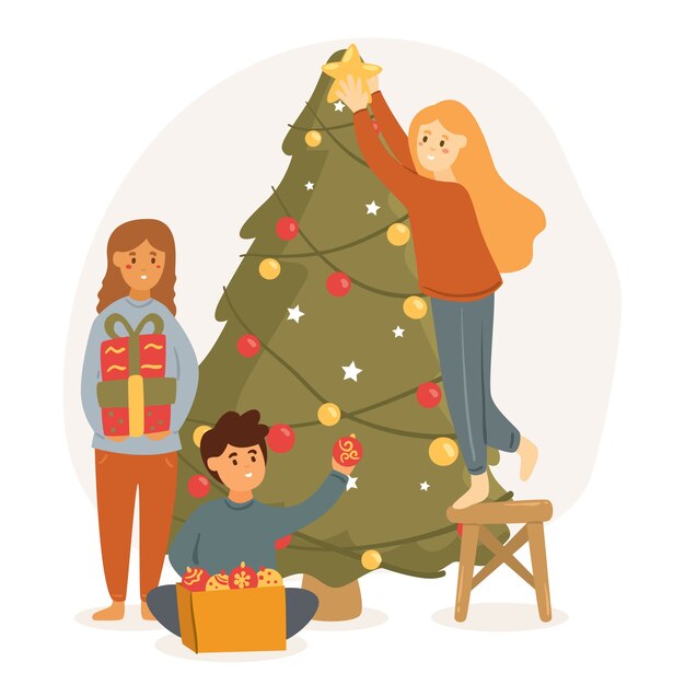 Personnes décorer le fond de saison hiver arbre de Noël