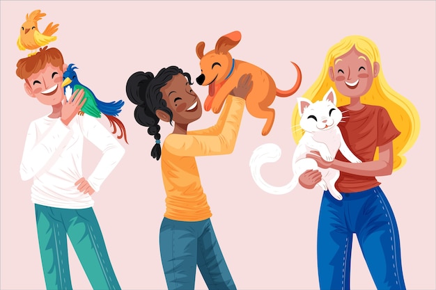 Personnes dessinées à la main avec des animaux de compagnie