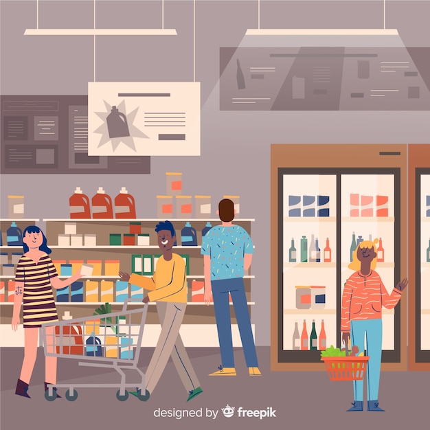 Vecteur gratuit personnes dessinées à la main dans le contexte du supermarché