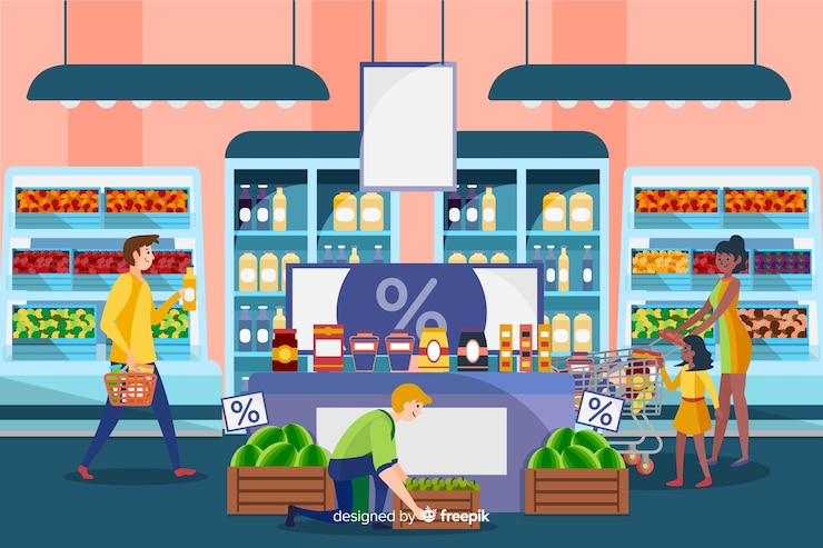 Vecteur gratuit personnes dessinées à la main dans le supermarché