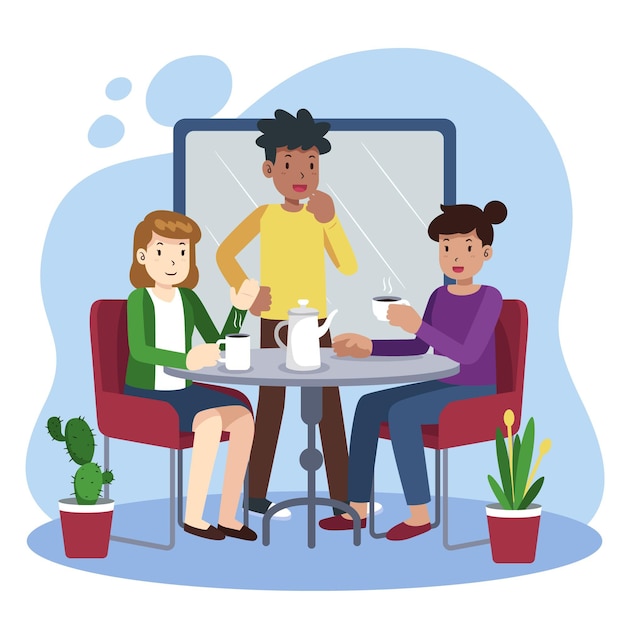 Personnes dessinées à la main avec illustration de boissons chaudes