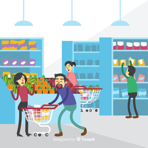 Personnes dessinées à la main qui achètent dans le contexte du supermarché