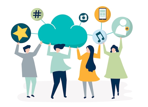 Personnes détenant des icônes de réseaux sociaux et de nuage