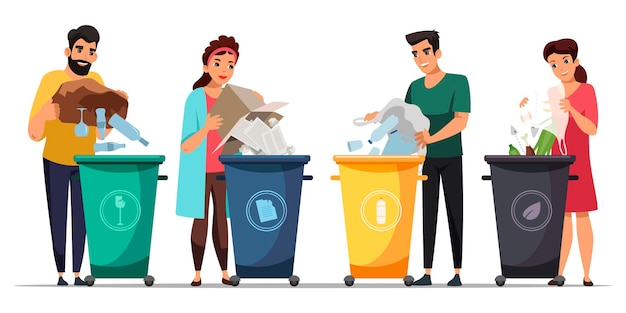 Vecteur gratuit personnes engagées dans le tri des ordures ensemble isolé sur fond blanc hommes femmes mettre les déchets dans le bon réservoir humain préoccupé par l'écologie protection de l'environnement nourriture déchets verre plastique papier