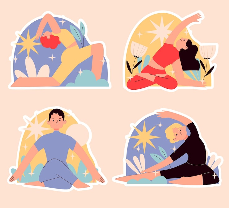 Vecteur gratuit personnes faisant un ensemble d'autocollants de yoga