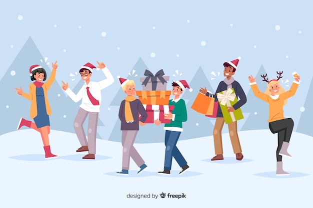 Personnes Fêtant Noël Et Offrant Des Cadeaux