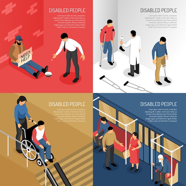 Personnes Handicapées Dans Les Transports Publics Personne Ayant Besoin D'aide Concept Isométrique Des Membres Artificiels Isolé