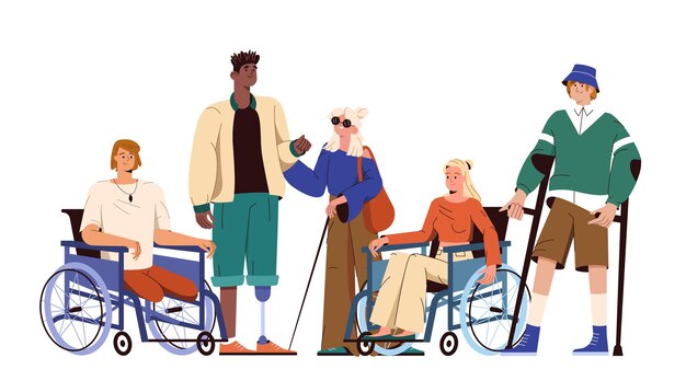 Personnes handicapées en fauteuil roulant et béquilles avec jambe prothétique