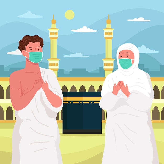 Vecteur gratuit personnes en illustration de pèlerinage hajj avec masque facial