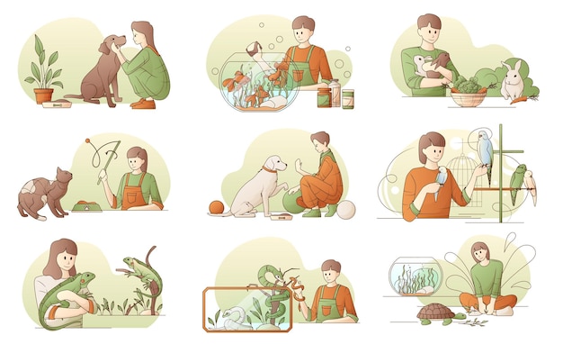 Personnes Jouant à L'alimentation En S'occupant De Leurs Animaux De Compagnie Ensemble Plat Illustration Vectorielle Isolée