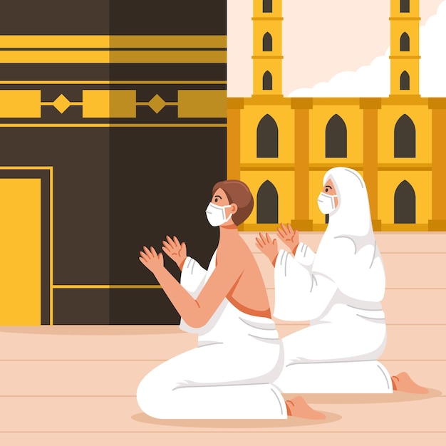 Personnes Avec Masque Facial En Illustration De Pèlerinage Hajj