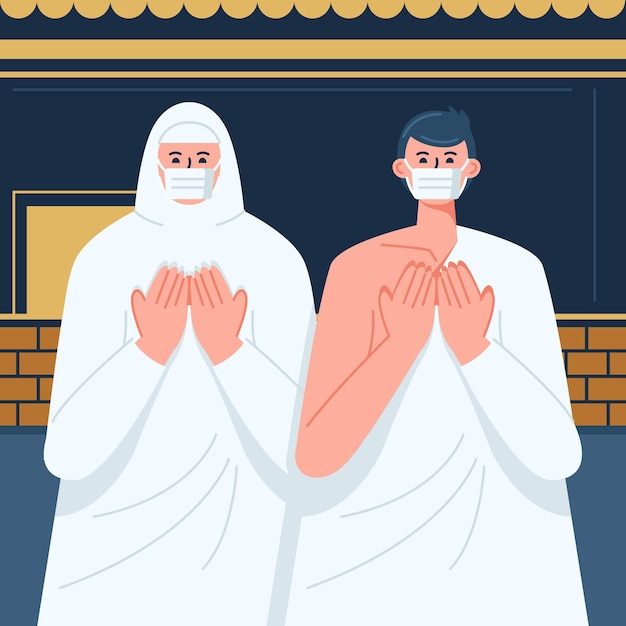 Vecteur gratuit personnes avec masque facial en illustration de pèlerinage hajj