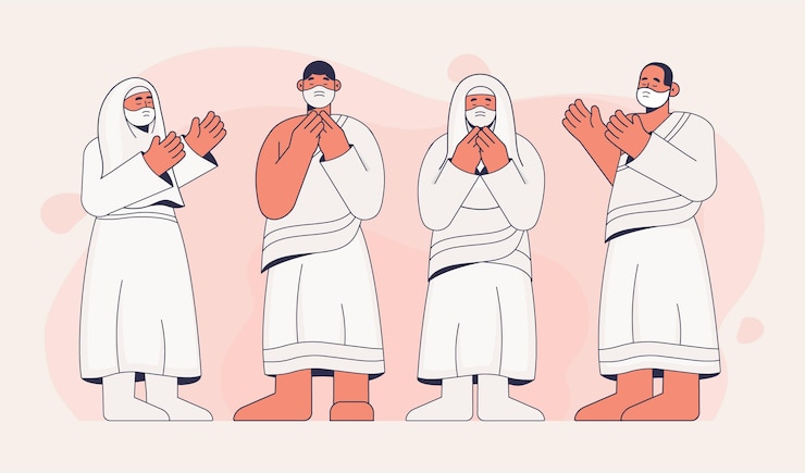 Vecteur gratuit personnes avec masque médical en illustration de pèlerinage hajj