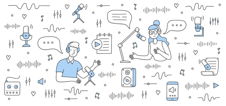 Vecteur gratuit les personnes avec des microphones enregistrent un podcast