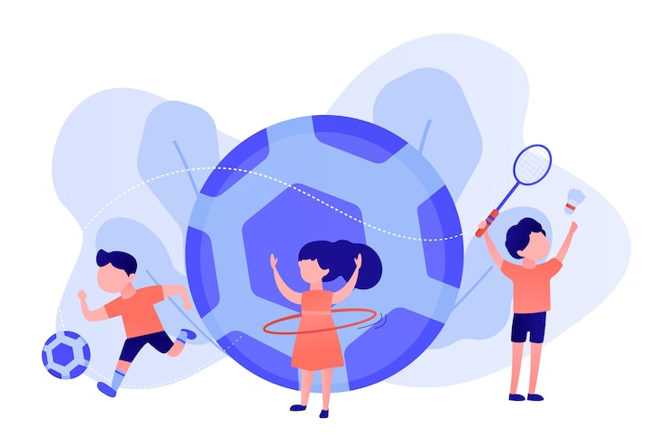 Vecteur gratuit des personnes minuscules, des enfants actifs dans le camp faisant du sport à l'extérieur et un grand football