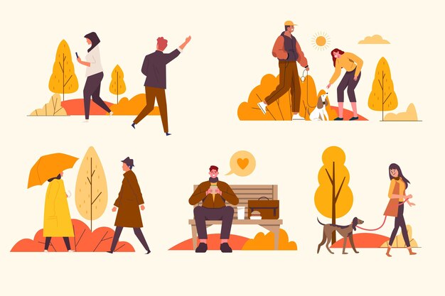 Personnes plates dessinées à la main dans un pack d'automne