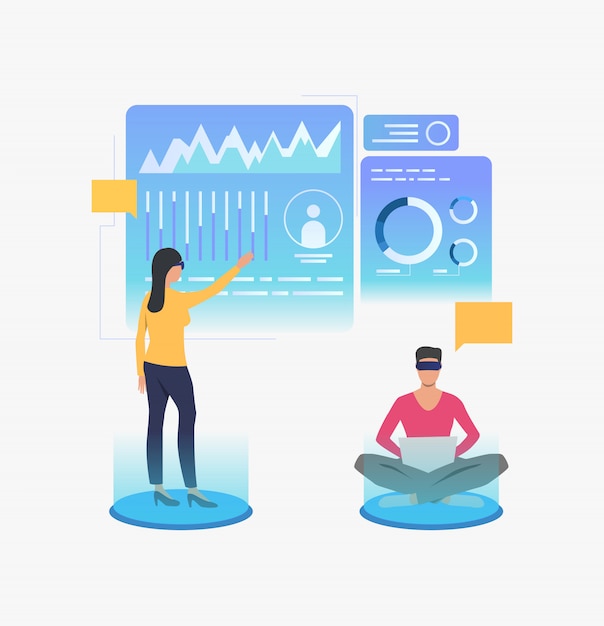 Personnes portant des lunettes de réalité virtuelle et travaillant dans une interface virtuelle