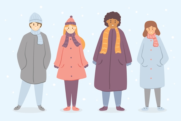 Personnes Portant Des Vêtements D'hiver Sur Fond Bleu