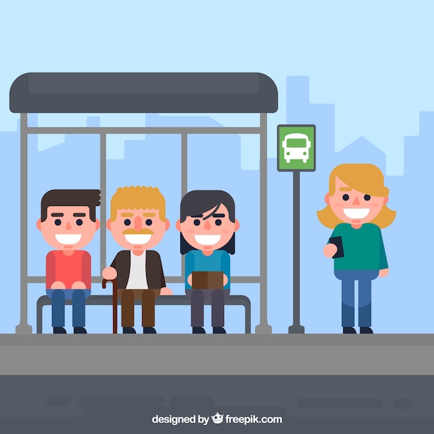 Vecteur gratuit personnes qui attendent le bus avec un design plat