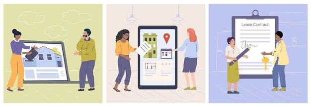 Vecteur gratuit personnes recherchant et choisissant un appartement à louer en ligne et signant un contrat de location ensemble plat illustration vectorielle isolée