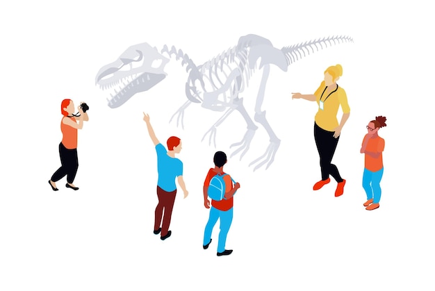 Personnes Regardant Et Prenant Une Photo D'un Squelette De Dinosaure Lors D'une Excursion Au Musée Avec Guide Illustration Vectorielle Isométrique