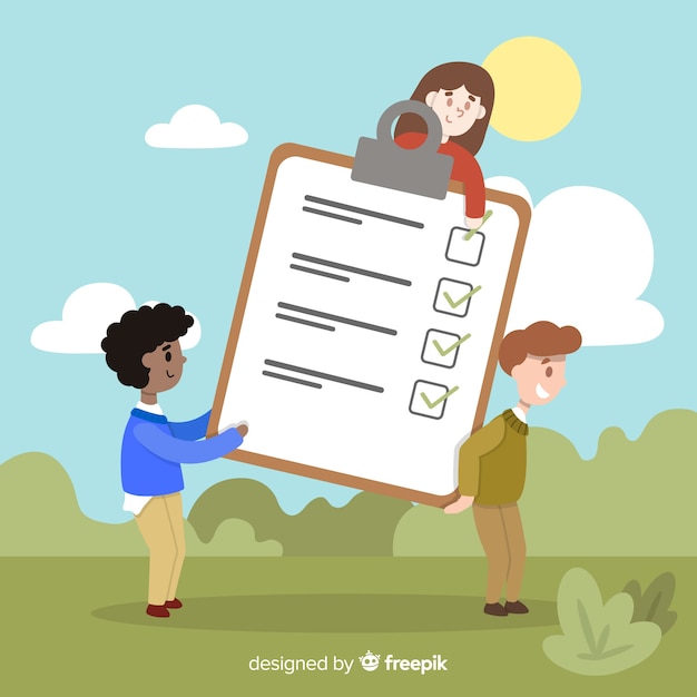 Vecteur gratuit personnes sur le terrain vérifiant le fond de la liste de contrôle géante