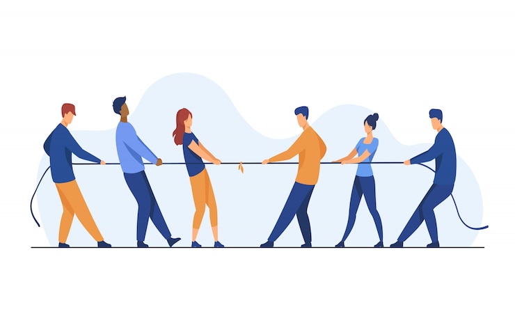 Vecteur gratuit personnes tirant les extrémités opposées de la corde illustration plate