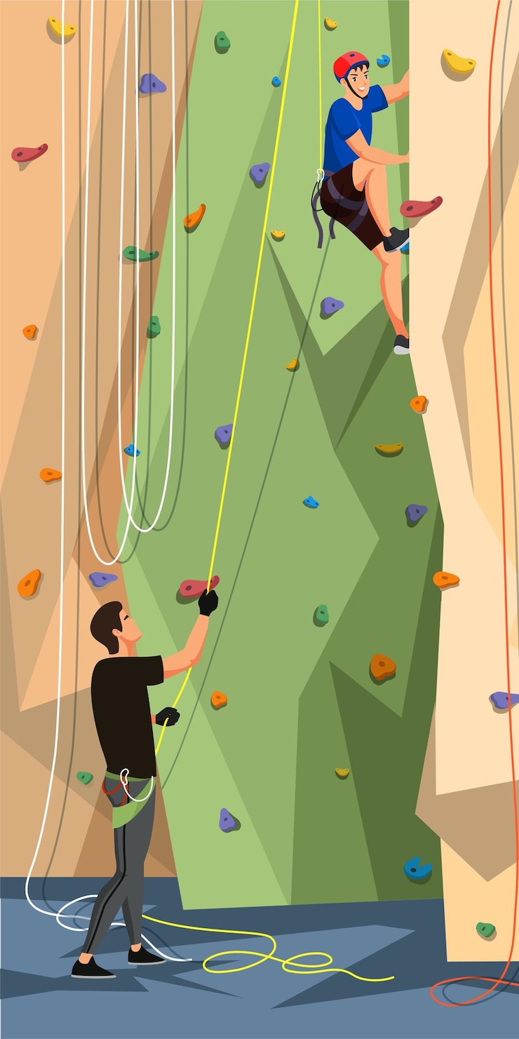Vecteur gratuit personnes en vêtements de sport avec entraînement à la corde sur un mur d'escalade sportifs et sportives extrêmes dans un parc d'aventure