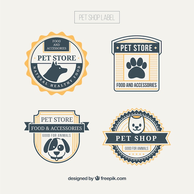 Vecteur gratuit pet shop badges avec détails jaunes