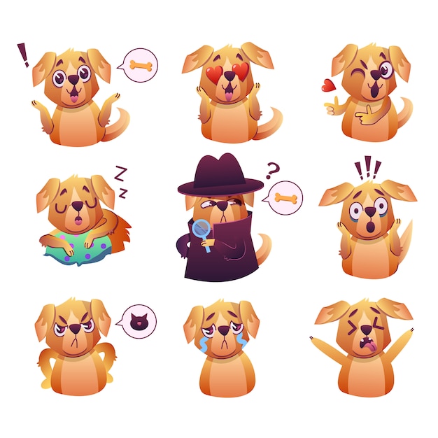 Vecteur gratuit petit animal de compagnie chien de compagnie carlin avec collier, collection d'expressions faciales emoji