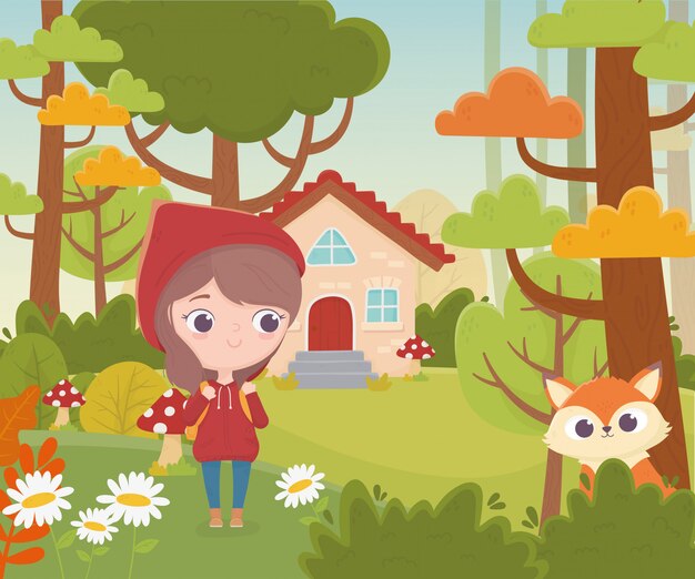 Petit Chaperon Rouge Avec Loup Vecteur Premium