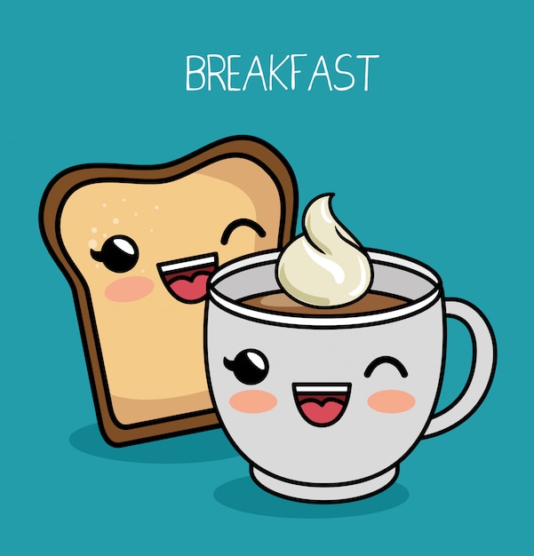 Vecteur gratuit petit déjeuner kawaii mignon tasse café pain