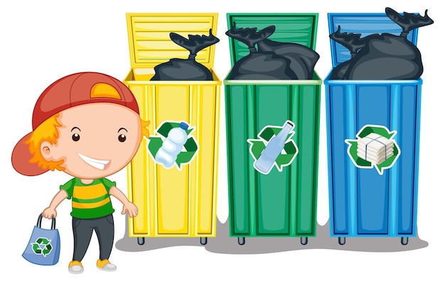 Vecteur gratuit petit garçon debout à côté des bacs de recyclage