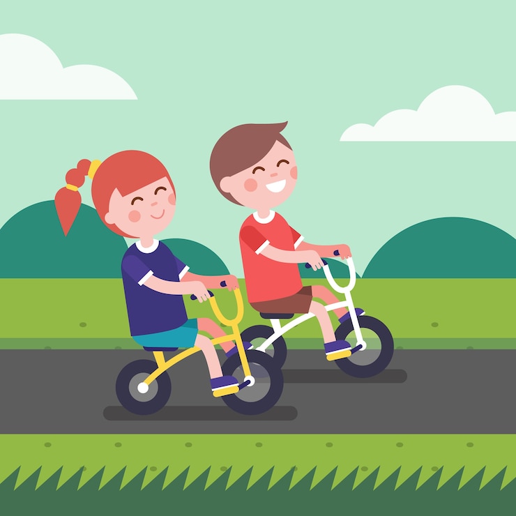 Vecteur gratuit petit garçon et fille enfants à vélo