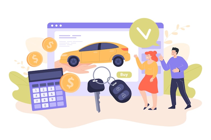 Vecteur gratuit petit homme et femme achetant une voiture via une boutique internet