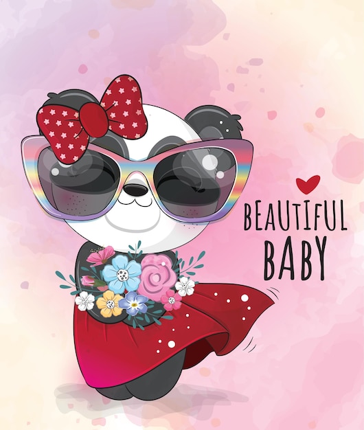 Petit panda animal mignon avec illustration de fleur - Personnage de panda aquarelle animal mignon