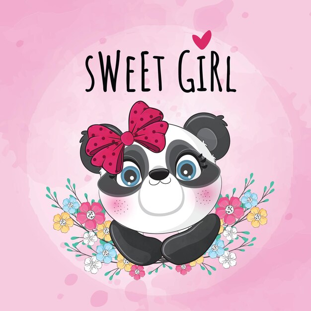 Petit panda animal mignon avec illustration de fleur - Personnage de panda aquarelle animal mignon